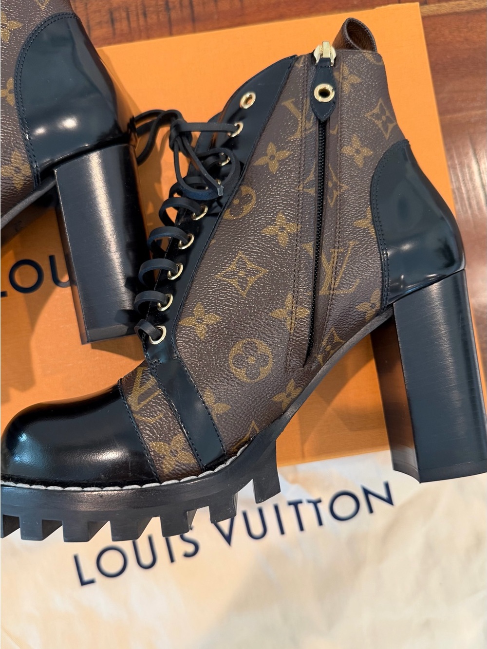 Louis Vuitton Brown Monogram Leather Lug Sole Ankle Boots